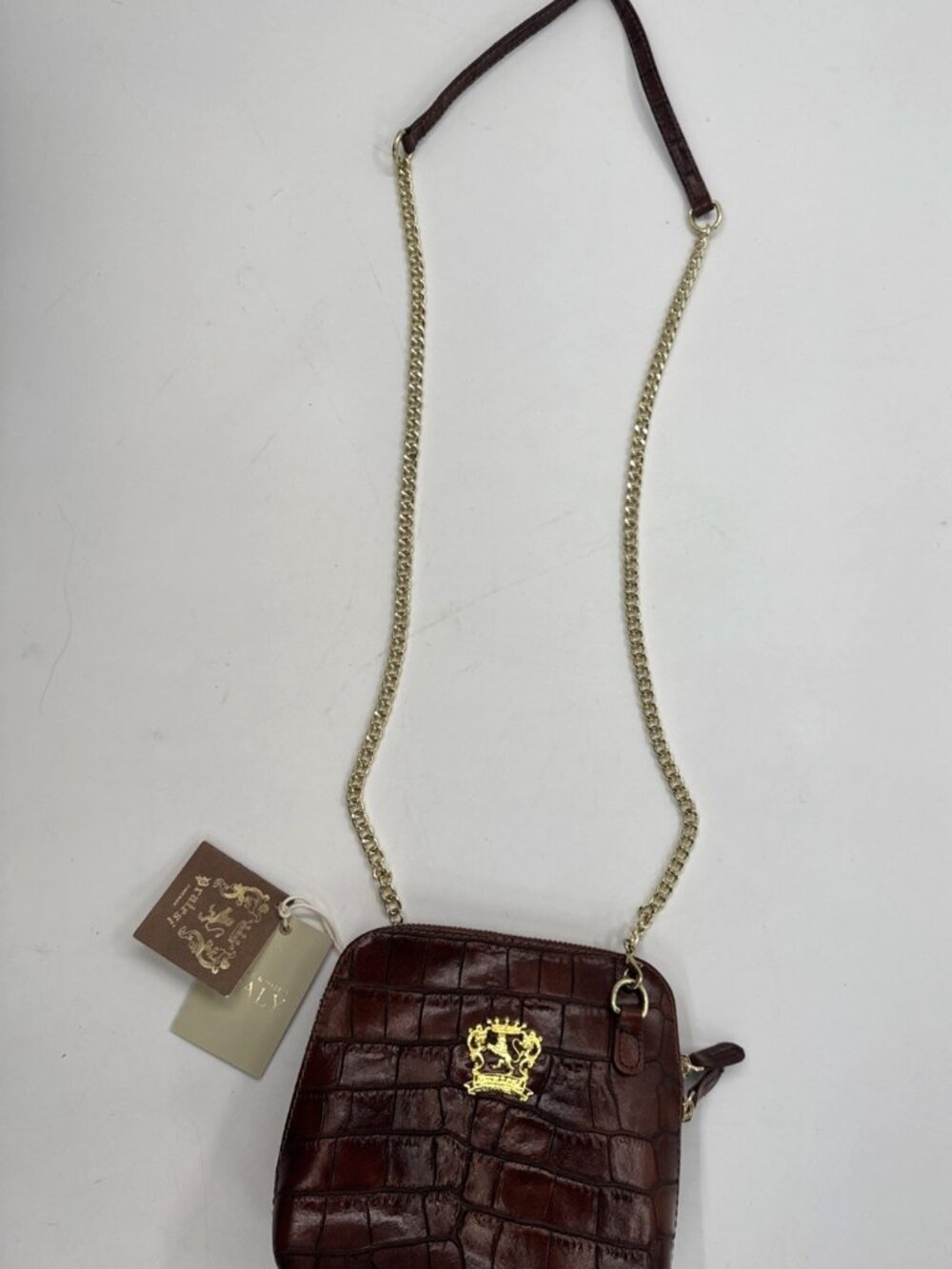 Pratesi Firenze Brown Croc Embossed Italian Leather Crossbody Bag Gold Chain NEW - Picture 9 of 15